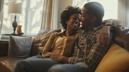 A couple sharing a warm, affectionate moment on a cozy sofa at home.