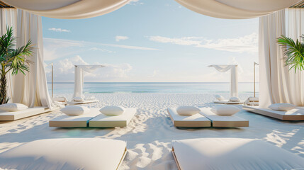 Fototapeta premium Elegant beachside lounge area with white canopies and serene ocean view.