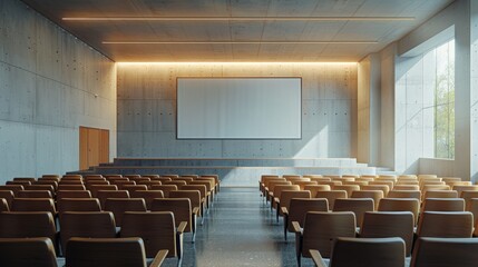 contemporary university lecture venue with seating rows and wall-mounted projector screen, designed for higher learning, academic concept banner