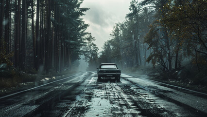 Moody scene with a car on a deserted wet road amidst a misty forest.