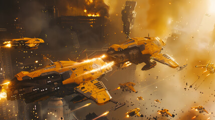 Sci-fi scene of sleek spaceships amidst fiery explosion and chaos.
