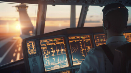 Pilot gazing into the horizon from the cockpit at sunrise.