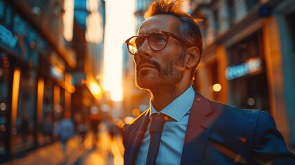 Fototapeta premium Portrait of a handsome young man wearing a blue suit and glasses in the city. Business concept background
