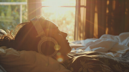 A person relaxing with music in a sunny room, evoking calm and warmth.