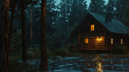 Quaint wooden cabin warmly lit, secluded in a tranquil, rainy forest at dusk.