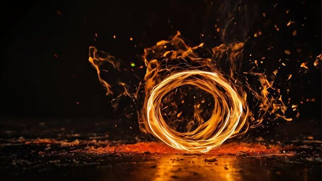 swirl of fire flames and sparks in super slow motion isolated on black. Burning background. Fire flame on black. Glowing yellow sparks flying up relaxing motion at night isolated on dark.