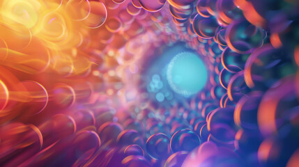 Abstract psychedelic tunnel of vivid colors and circular bokeh effects.