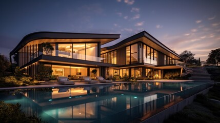 Fototapeta premium modern luxury house with swimming pool lit up at night.AI generated image