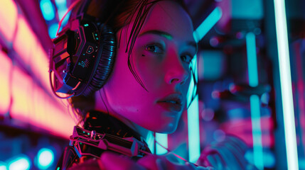 Cyberpunk gamer girl immersed in neon-lit futuristic gameplay.