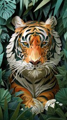 An elaborate paper art sculpture of a tiger's face, set against a backdrop of crafted paper leaves and vines.