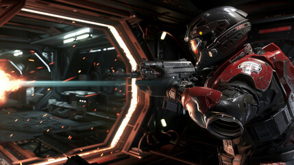 Fototapeta premium Futuristic soldier firing a gun in a high-tech spaceship corridor.