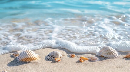 Fototapeta na wymiar Seashells on Seashore: Coastal Beauty. blurred background.