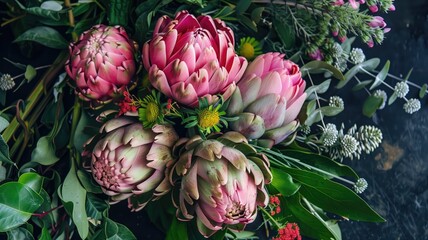 Unique bouquet of pink artichokes and wildflowers.