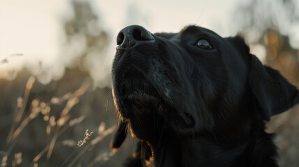 Contemplative dog gazes into the distance during a golden hour sunset.