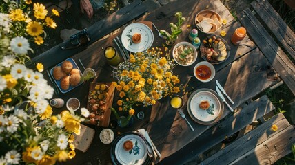 Outdoor breakfast setup on a rustic wooden table