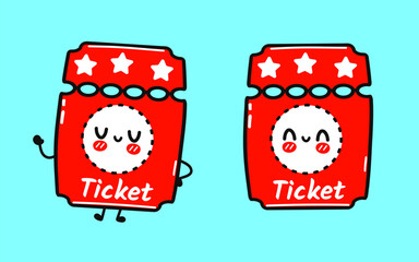 Cinema ticket character. Vector hand drawn cartoon kawaii character illustration icon. Isolated on blue background. Cinema ticket character concept