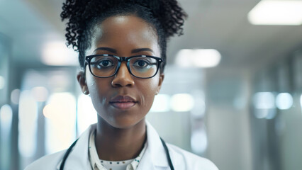 Fototapeta premium Professional, confident female doctor adorned with glasses stands ready to serve in a modern medical facility corridor.
