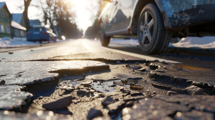 Morning light reveals potholes on a weathered snowy street.