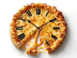A quirky abstract illustration of a clock melting like cheese on a pizza representing the whimsical passage of time Isolated white background Copy space