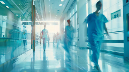 Blurred healthcare workers hustle in a corridor, symbolizing urgency in medicine.