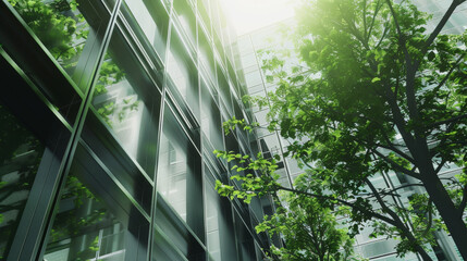 Modern architecture meets nature, with reflective glass integrating with green trees.