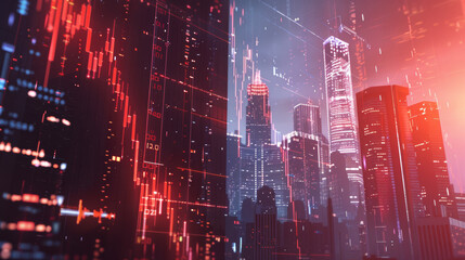 Fototapeta premium Digital cityscape with illuminated buildings and data stream overlay, symbolizing smart city technology.