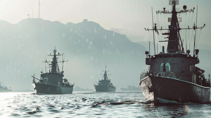Fleet of naval ships cuts through misty waters under a hazy mountain backdrop, exuding might.