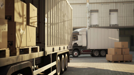 Logistic theme illustrating a loading dock with trucks and shipments ready for transport.