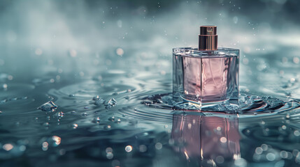 Perfume bottle amidst fresh droplets of water.