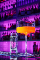 Alcoholic drink and cocktail on the bar counter of a nightclub