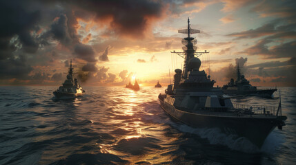 A majestic fleet sailing at sunset, evoking naval strength and adventure.