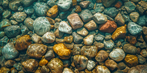 Rocks and light reflections underwater in a river bed, river stones, background, top view
