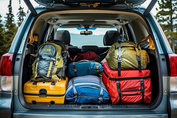 The back of an SUV filled with suitcases, backpacks, and travel gear ready for a journey
