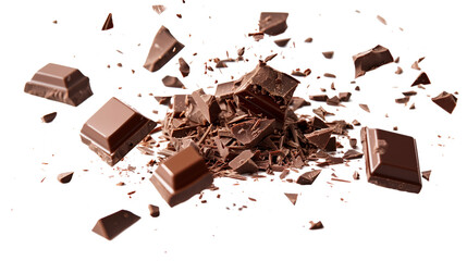 Pile chopped, milled chocolate pieces isolated on white, top view, png transparent background