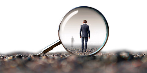 Businessman looking through a magnifying glass. Selective focus. transparency background