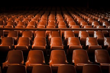 Rows of vacant orange seats in a dark auditorium with moody illumination