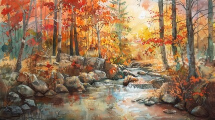 Tranquil Autumn Watercolor Forest Stream Basks in Glowing Sunset Hues