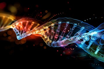 DNA strand in neon multi-coloured lights on a dark background
