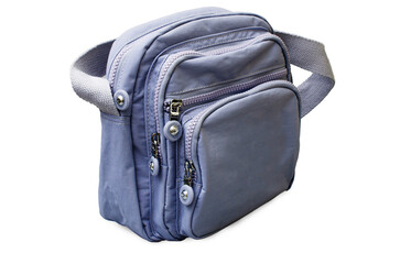 Miniature women's bag made of durable blue fabric, with a zipper, with an external pocket, isolated...