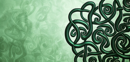 Detailed Celtic knot in green, featuring a deep contrast of spiral and loop patterns.