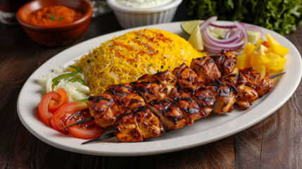 Authentic iranian joojeh kebab served with saffron rice, grilled tomatoes, fresh vegetables, and...