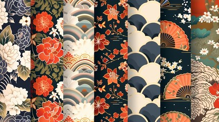 A collage of traditional Japanese patterns with floral and wave motifs