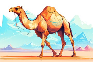 Camel graphic in flat design side view Middle Eastern travel theme watercolor triadic color scheme