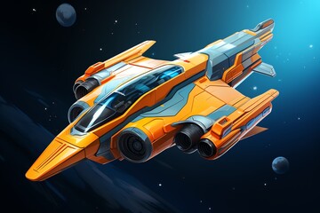Spaceship graphic in flat design side view space exploration theme 3D render analogous color scheme