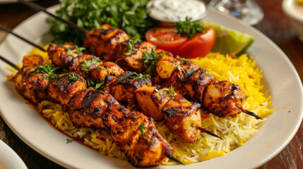 Delicious iranian chicken kebab with saffron rice, fresh herbs, tomatoes, lime, and yogurt sauce on...