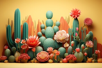 A 3D rendering of a desert scene with cacti and flowers