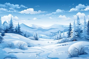 A beautiful winter landscape with snow-covered trees and mountains in the background.