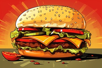 Hamburger depiction in flat design side view fast food theme cartoon drawing vivid color scheme
