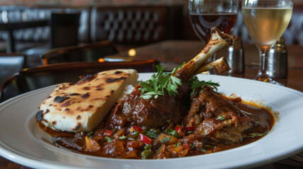 Delectable iranian lamb shank stew served with freshly baked naan bread and a glass of wine in a cozy restaurant setting
