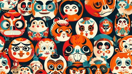 Fototapeta premium A colorful tapestry of stylized whimsical animal faces
